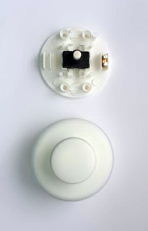 ROUND FOOT SWITCH WHITE SINGLE POLE 250V 2A RESISTIVE CURRENT 1A LAMP LOAD SCREW TERMINALS FOR 2 CORE & 3 CORE CABLE ENEC & IMQ APPROVED 62MM DIA. X 40MM HEIGHT